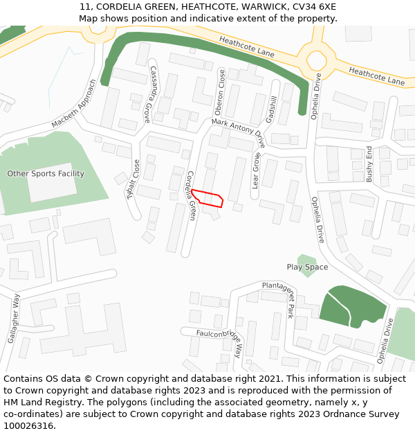 11, CORDELIA GREEN, HEATHCOTE, WARWICK, CV34 6XE: Location map and indicative extent of plot