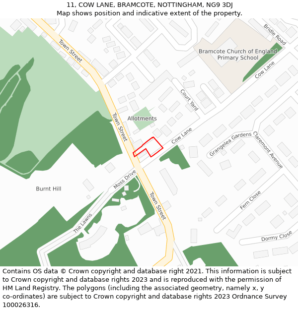 11, COW LANE, BRAMCOTE, NOTTINGHAM, NG9 3DJ: Location map and indicative extent of plot