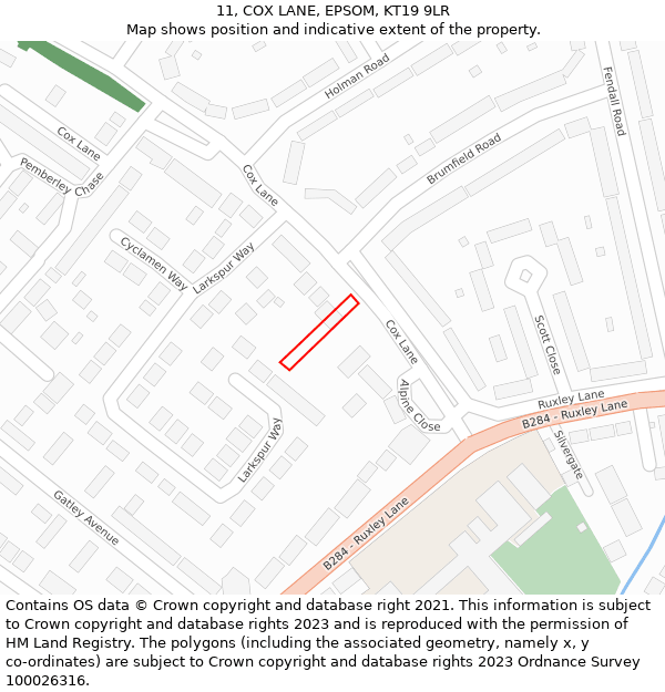 11, COX LANE, EPSOM, KT19 9LR: Location map and indicative extent of plot