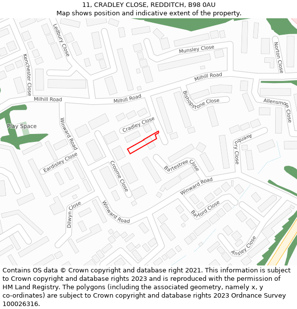 11, CRADLEY CLOSE, REDDITCH, B98 0AU: Location map and indicative extent of plot