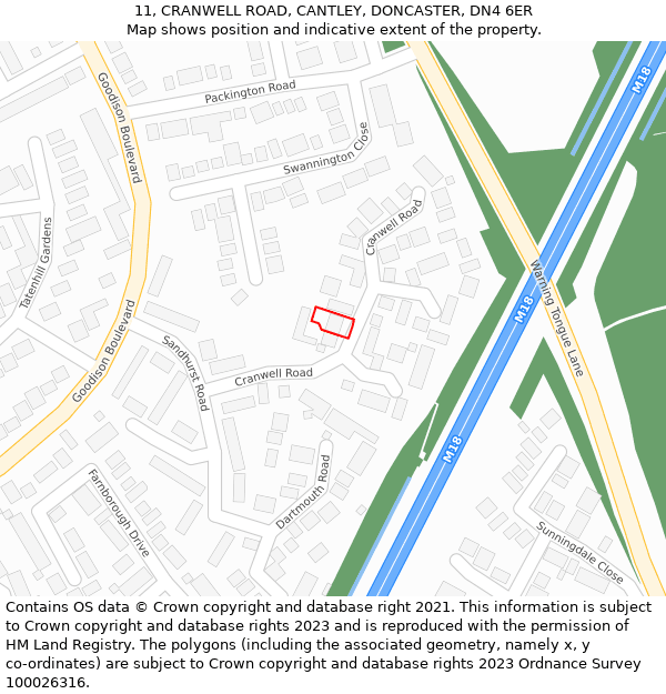 11, CRANWELL ROAD, CANTLEY, DONCASTER, DN4 6ER: Location map and indicative extent of plot