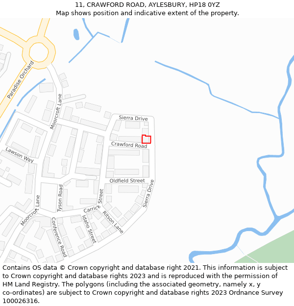 11, CRAWFORD ROAD, AYLESBURY, HP18 0YZ: Location map and indicative extent of plot