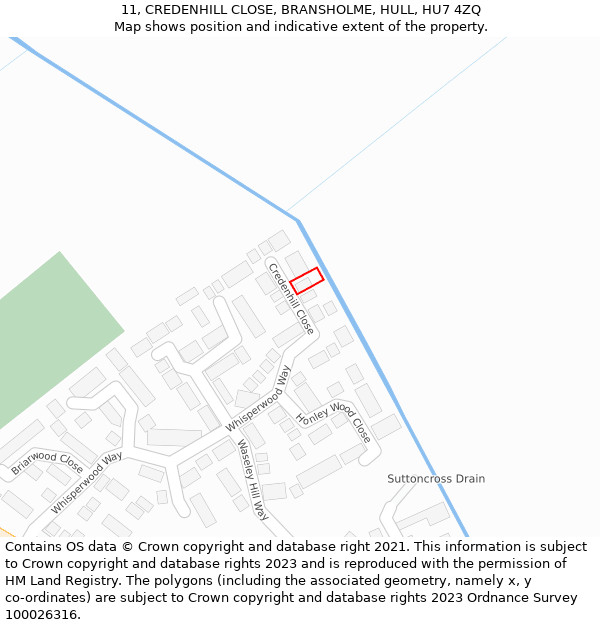 11, CREDENHILL CLOSE, BRANSHOLME, HULL, HU7 4ZQ: Location map and indicative extent of plot