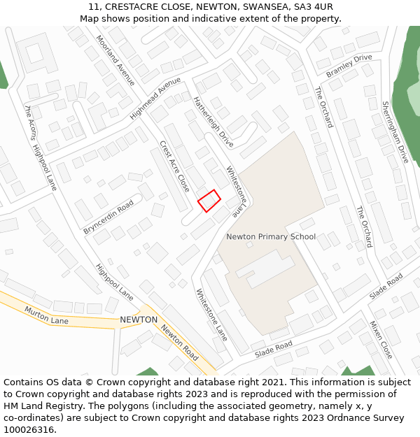 11, CRESTACRE CLOSE, NEWTON, SWANSEA, SA3 4UR: Location map and indicative extent of plot