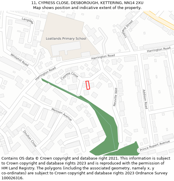 11, CYPRESS CLOSE, DESBOROUGH, KETTERING, NN14 2XU: Location map and indicative extent of plot