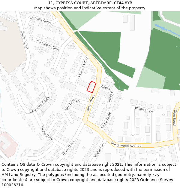 11, CYPRESS COURT, ABERDARE, CF44 8YB: Location map and indicative extent of plot