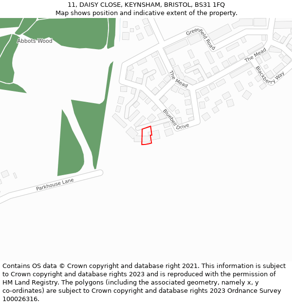 11, DAISY CLOSE, KEYNSHAM, BRISTOL, BS31 1FQ: Location map and indicative extent of plot