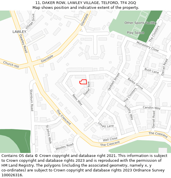 11, DAKER ROW, LAWLEY VILLAGE, TELFORD, TF4 2GQ: Location map and indicative extent of plot