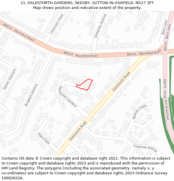 11, DALESTORTH GARDENS, SKEGBY, SUTTON-IN-ASHFIELD, NG17 3FT: Location map and indicative extent of plot