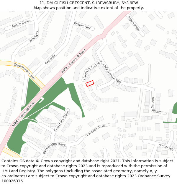 11, DALGLEISH CRESCENT, SHREWSBURY, SY3 9FW: Location map and indicative extent of plot