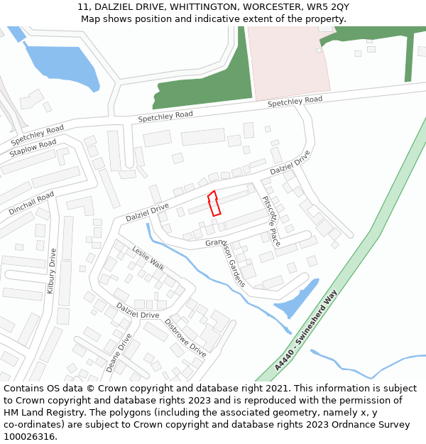11, DALZIEL DRIVE, WHITTINGTON, WORCESTER, WR5 2QY: Location map and indicative extent of plot