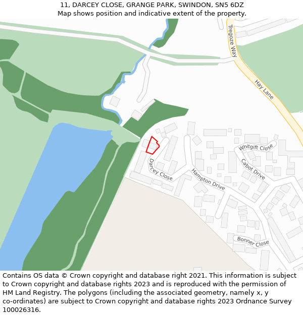 11, DARCEY CLOSE, GRANGE PARK, SWINDON, SN5 6DZ: Location map and indicative extent of plot