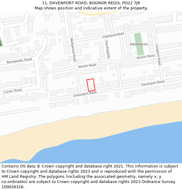 11, DAVENPORT ROAD, BOGNOR REGIS, PO22 7JR: Location map and indicative extent of plot