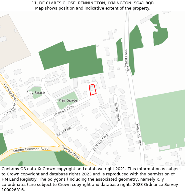 11, DE CLARES CLOSE, PENNINGTON, LYMINGTON, SO41 8QR: Location map and indicative extent of plot