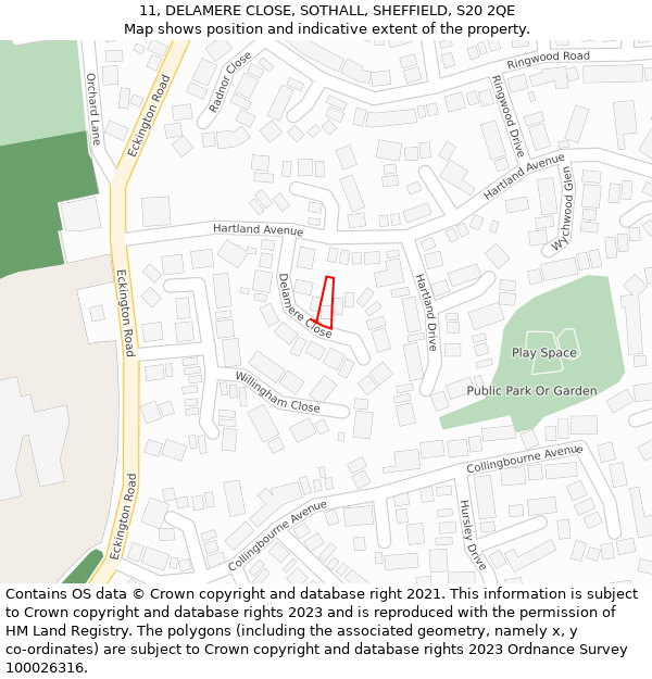 11, DELAMERE CLOSE, SOTHALL, SHEFFIELD, S20 2QE: Location map and indicative extent of plot
