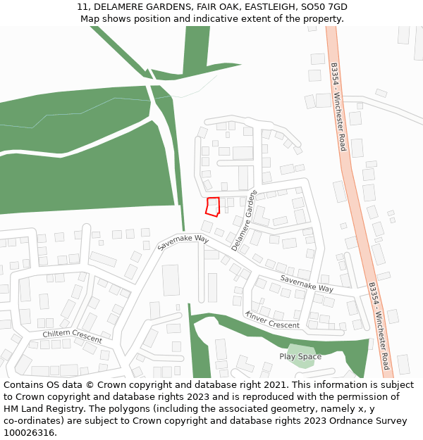 11, DELAMERE GARDENS, FAIR OAK, EASTLEIGH, SO50 7GD: Location map and indicative extent of plot