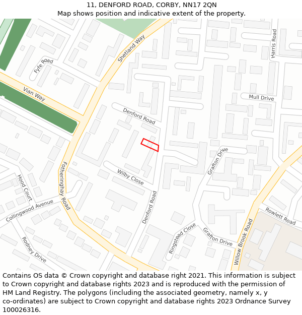 11, DENFORD ROAD, CORBY, NN17 2QN: Location map and indicative extent of plot