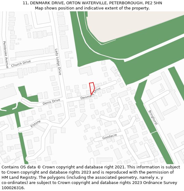 11, DENMARK DRIVE, ORTON WATERVILLE, PETERBOROUGH, PE2 5HN: Location map and indicative extent of plot