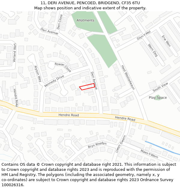 11, DERI AVENUE, PENCOED, BRIDGEND, CF35 6TU: Location map and indicative extent of plot