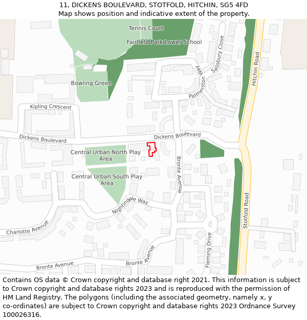 11, DICKENS BOULEVARD, STOTFOLD, HITCHIN, SG5 4FD: Location map and indicative extent of plot