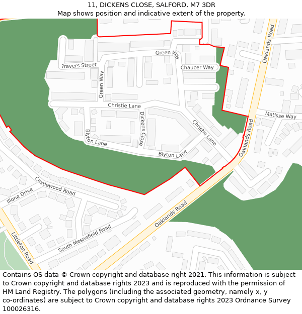 11, DICKENS CLOSE, SALFORD, M7 3DR: Location map and indicative extent of plot