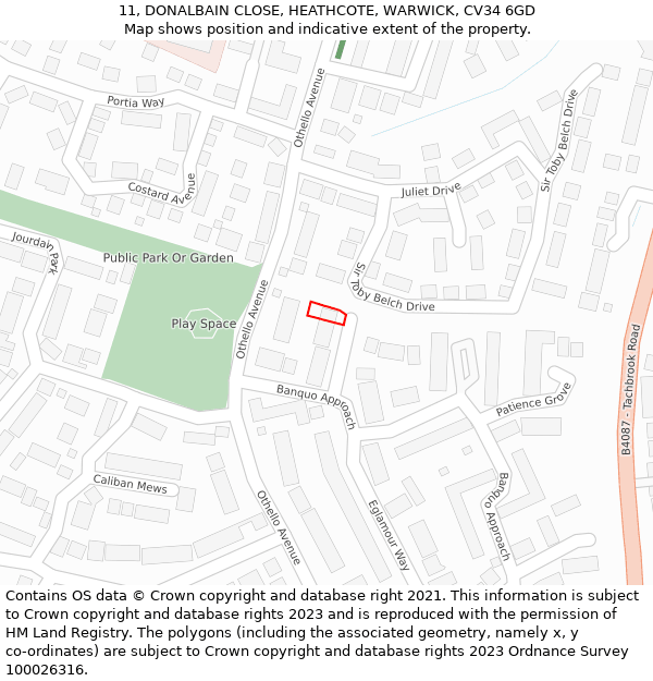 11, DONALBAIN CLOSE, HEATHCOTE, WARWICK, CV34 6GD: Location map and indicative extent of plot