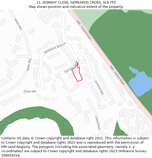 11, DONNAY CLOSE, GERRARDS CROSS, SL9 7PZ: Location map and indicative extent of plot