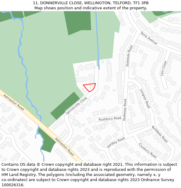 11, DONNERVILLE CLOSE, WELLINGTON, TELFORD, TF1 3PB: Location map and indicative extent of plot
