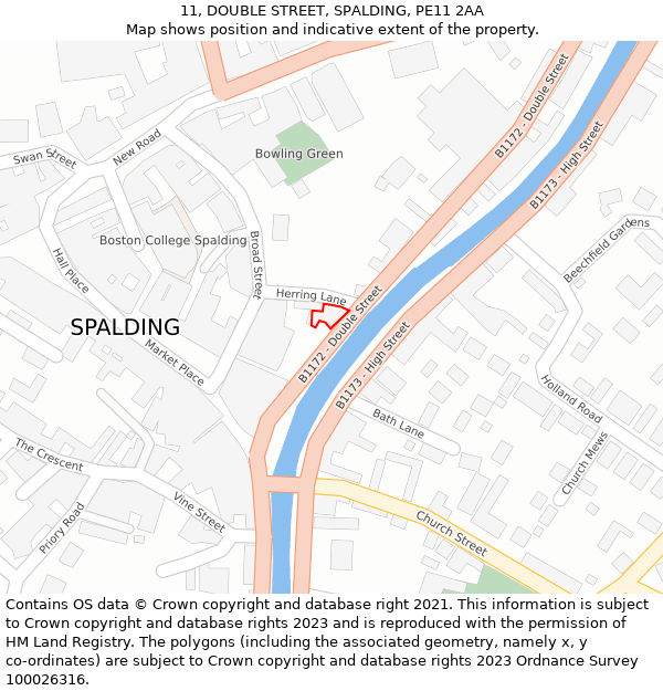 11, DOUBLE STREET, SPALDING, PE11 2AA: Location map and indicative extent of plot