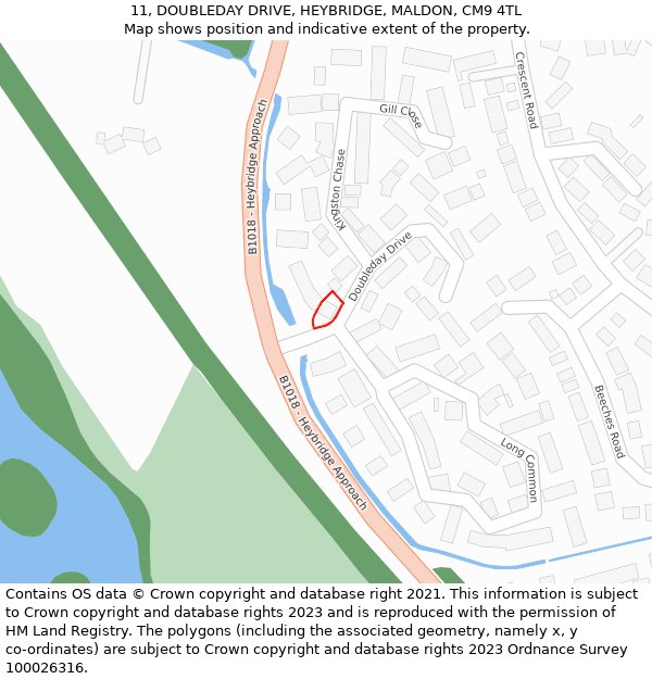 11, DOUBLEDAY DRIVE, HEYBRIDGE, MALDON, CM9 4TL: Location map and indicative extent of plot