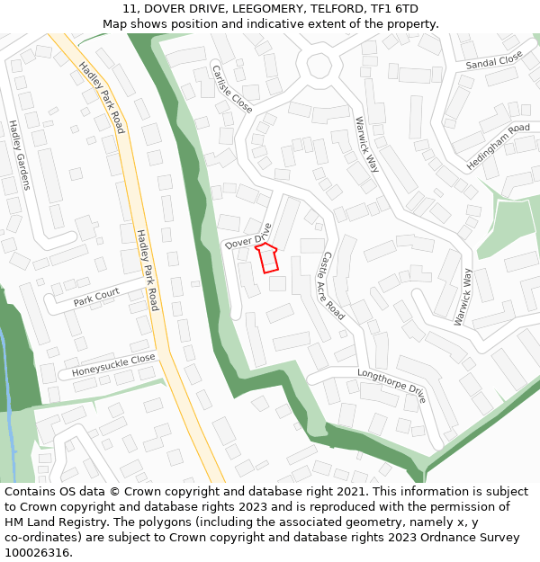 11, DOVER DRIVE, LEEGOMERY, TELFORD, TF1 6TD: Location map and indicative extent of plot