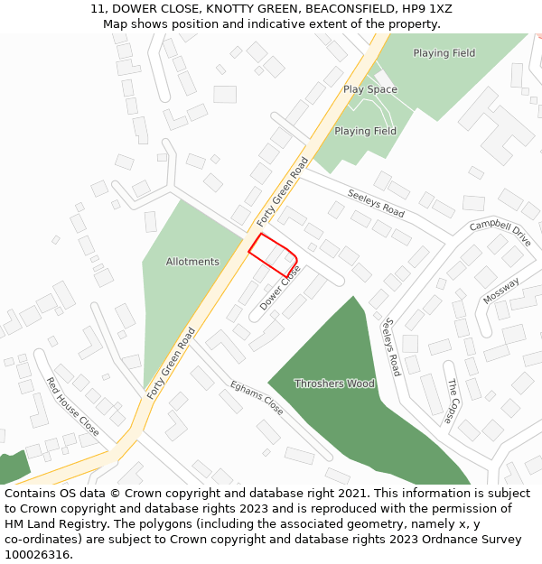 11, DOWER CLOSE, KNOTTY GREEN, BEACONSFIELD, HP9 1XZ: Location map and indicative extent of plot