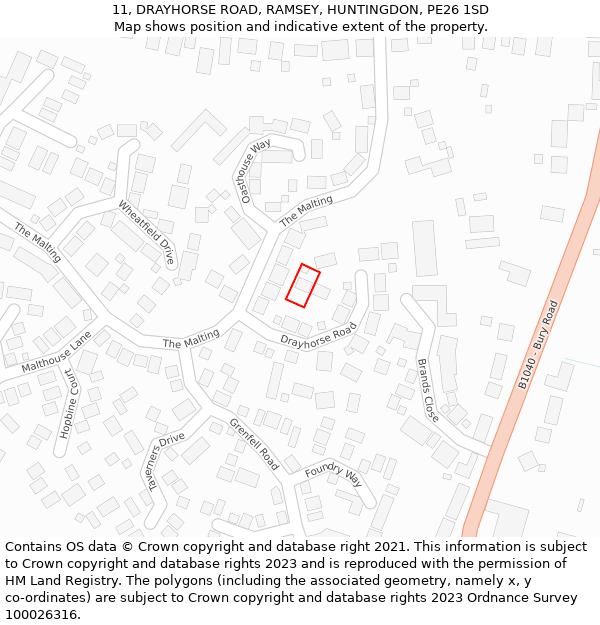 11, DRAYHORSE ROAD, RAMSEY, HUNTINGDON, PE26 1SD: Location map and indicative extent of plot