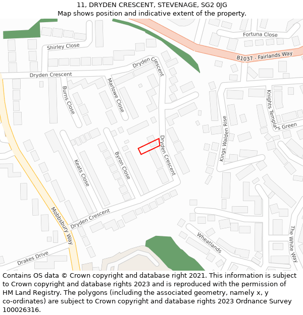 11, DRYDEN CRESCENT, STEVENAGE, SG2 0JG: Location map and indicative extent of plot