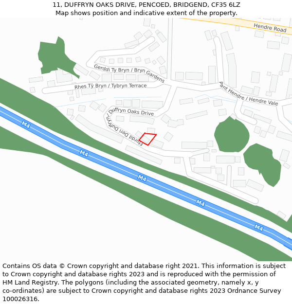 11, DUFFRYN OAKS DRIVE, PENCOED, BRIDGEND, CF35 6LZ: Location map and indicative extent of plot