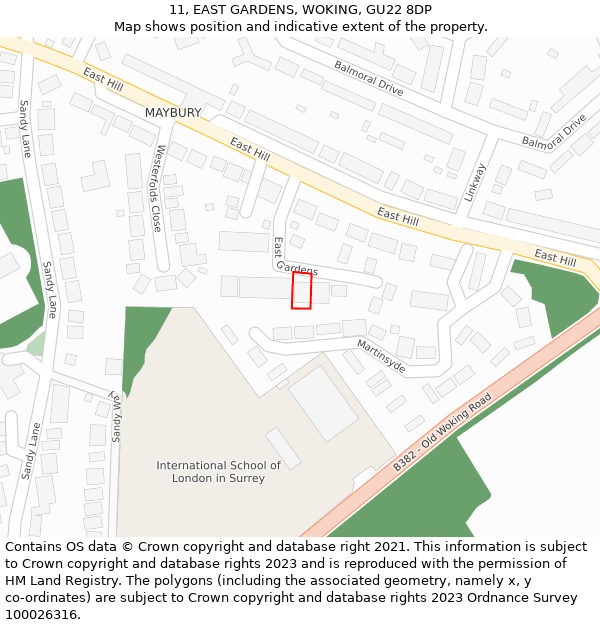 11, EAST GARDENS, WOKING, GU22 8DP: Location map and indicative extent of plot
