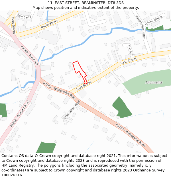 11, EAST STREET, BEAMINSTER, DT8 3DS: Location map and indicative extent of plot