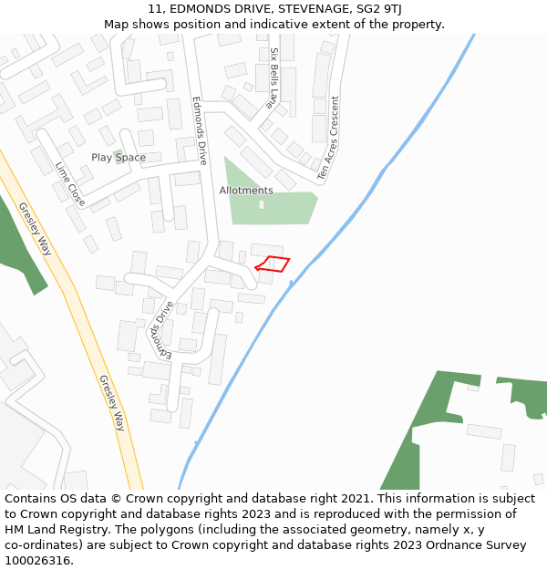 11, EDMONDS DRIVE, STEVENAGE, SG2 9TJ: Location map and indicative extent of plot