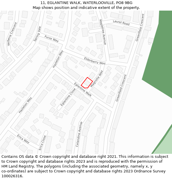 11, EGLANTINE WALK, WATERLOOVILLE, PO8 9BG: Location map and indicative extent of plot