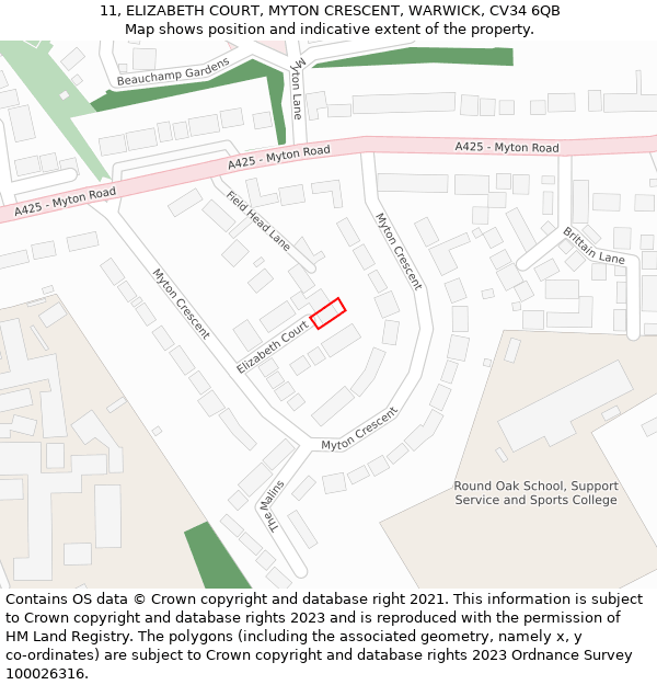 11, ELIZABETH COURT, MYTON CRESCENT, WARWICK, CV34 6QB: Location map and indicative extent of plot