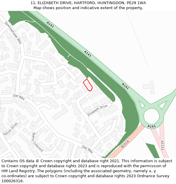 11, ELIZABETH DRIVE, HARTFORD, HUNTINGDON, PE29 1WA: Location map and indicative extent of plot