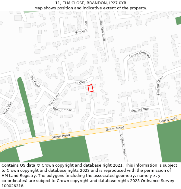11, ELM CLOSE, BRANDON, IP27 0YR: Location map and indicative extent of plot