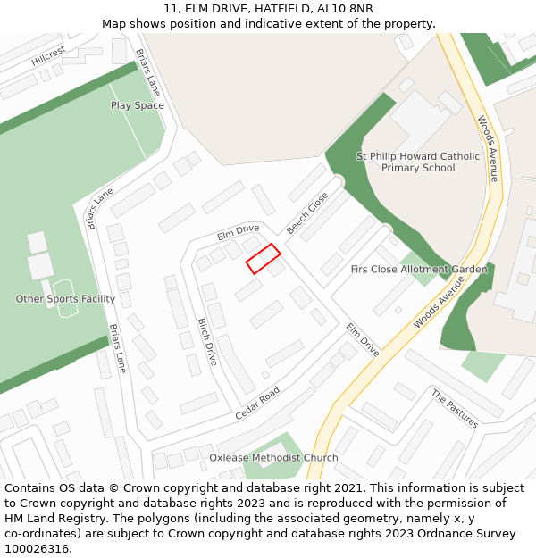 11, ELM DRIVE, HATFIELD, AL10 8NR: Location map and indicative extent of plot