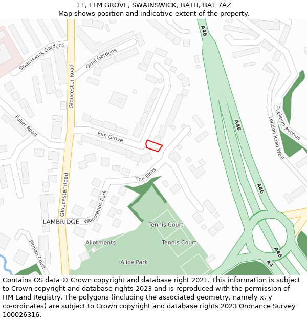 11, ELM GROVE, SWAINSWICK, BATH, BA1 7AZ: Location map and indicative extent of plot