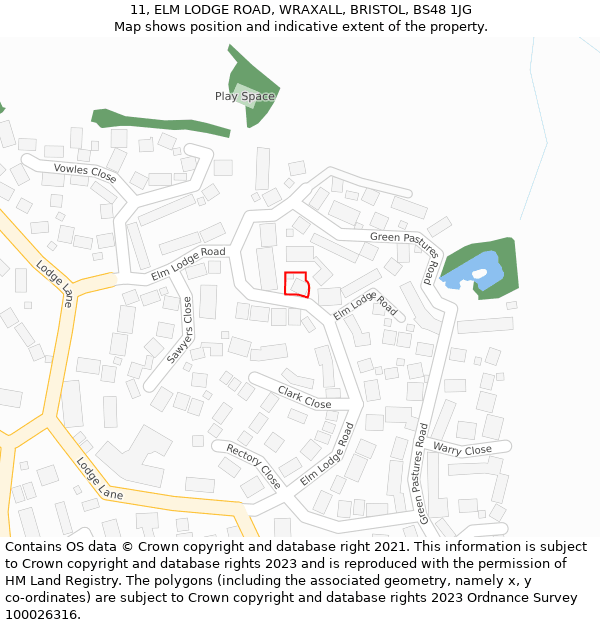 11, ELM LODGE ROAD, WRAXALL, BRISTOL, BS48 1JG: Location map and indicative extent of plot