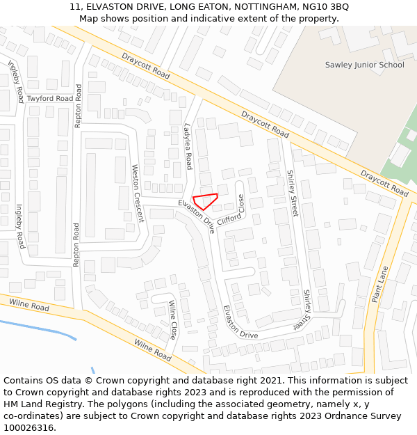 11, ELVASTON DRIVE, LONG EATON, NOTTINGHAM, NG10 3BQ: Location map and indicative extent of plot