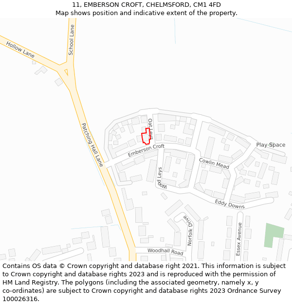 11, EMBERSON CROFT, CHELMSFORD, CM1 4FD: Location map and indicative extent of plot