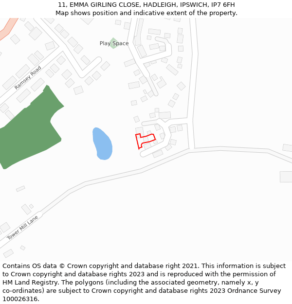 11, EMMA GIRLING CLOSE, HADLEIGH, IPSWICH, IP7 6FH: Location map and indicative extent of plot