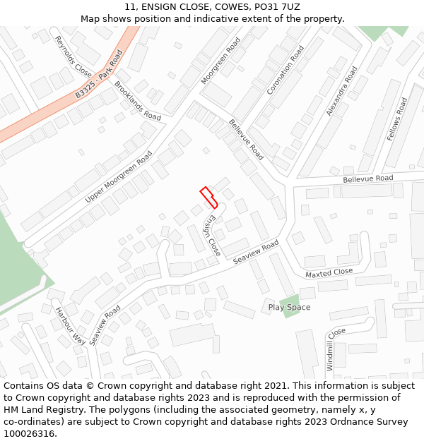 11, ENSIGN CLOSE, COWES, PO31 7UZ: Location map and indicative extent of plot