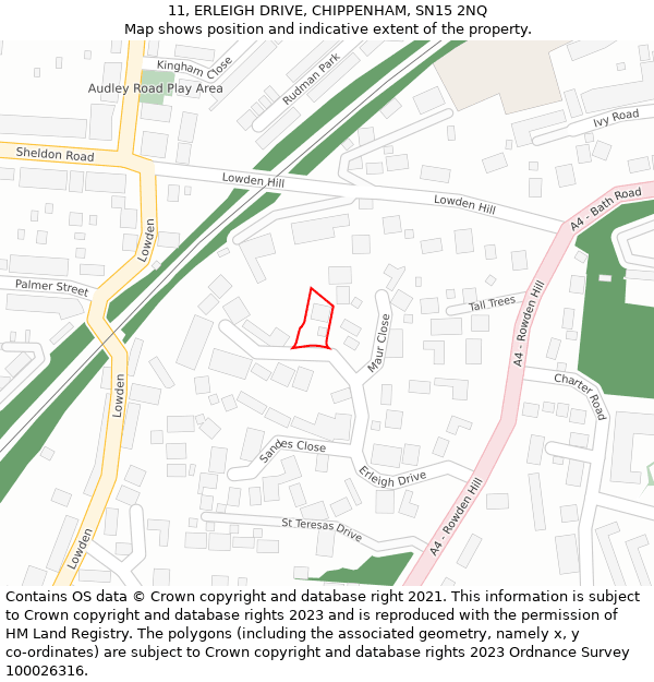 11, ERLEIGH DRIVE, CHIPPENHAM, SN15 2NQ: Location map and indicative extent of plot